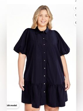 Navy Shirt Puff Sleeve Shirt Dress